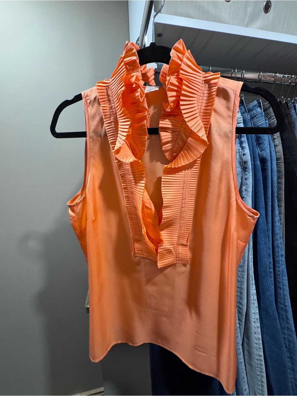 J. Crew Sleeveless Ruffle V-Neck Top in Coral Orange